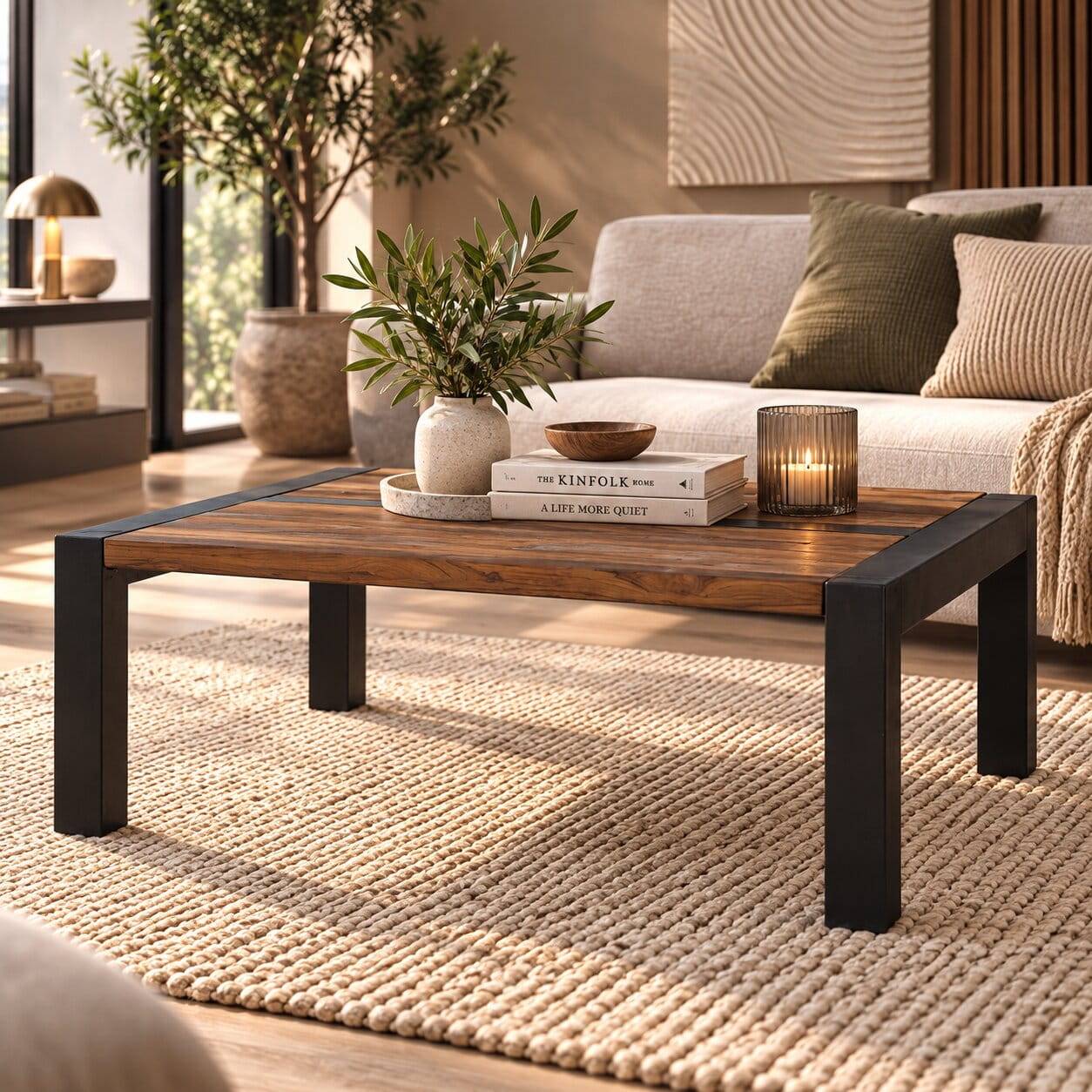Wohnzimmertisch aus Teak Massivholz und Metall im Industry und Loft Stil