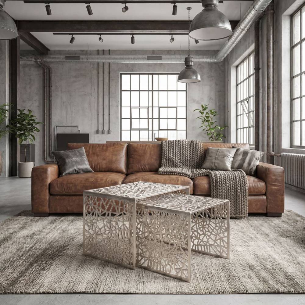 Zwei silberfarbene Design-Sofatische in einem modernen Wohnzimmerambiente \u2013 Viamo