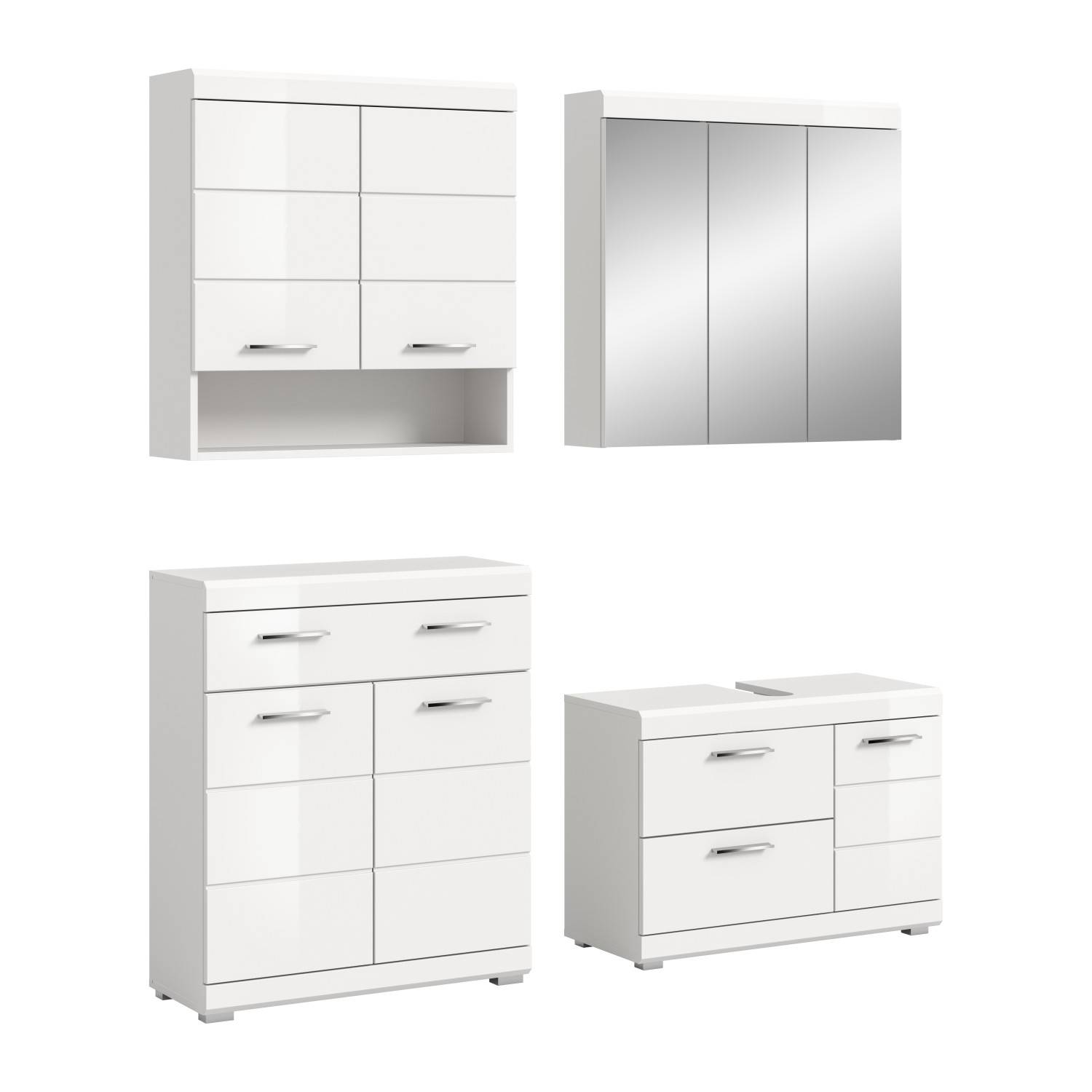 Vierteiliges weißes Hochglanz Badezimmerset mit Spiegelschrank, Hängeschrank, Kommode und Waschtischunterschrank – Nanila