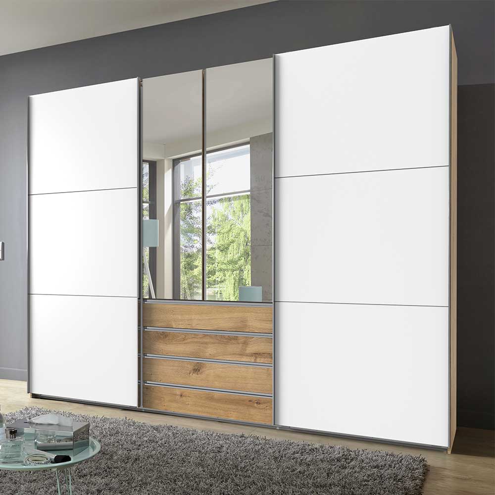 4-türiger Schlafzimmerschrank mit vier Schubladen in Weiß & Plankeneiche NB  - Stufania | Schwebetürenschränke
