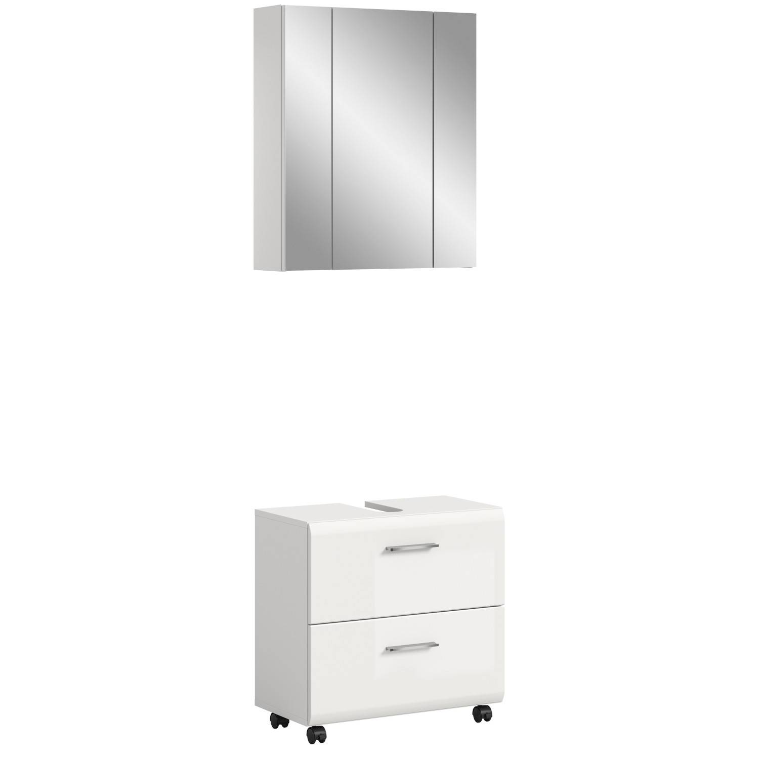 Weißes Badmöbel Set mit Spiegelschrank und rollbarem Waschtischunterschrank für das Bad – Clona
