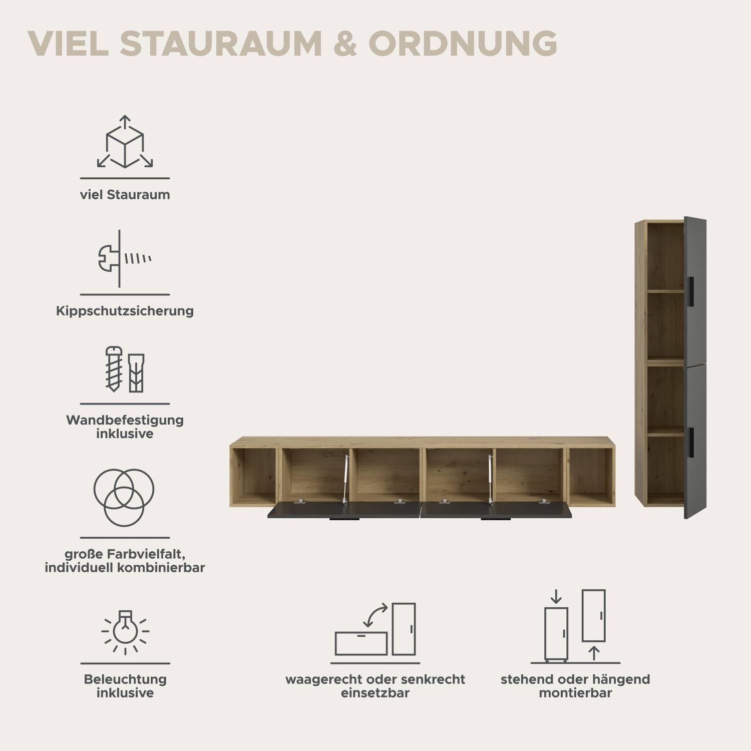 Wohnwand Estoron mit viel Stauraum, Wandbefestigung, Beleuchtung und flexiblen Montageoptionen – Estoron