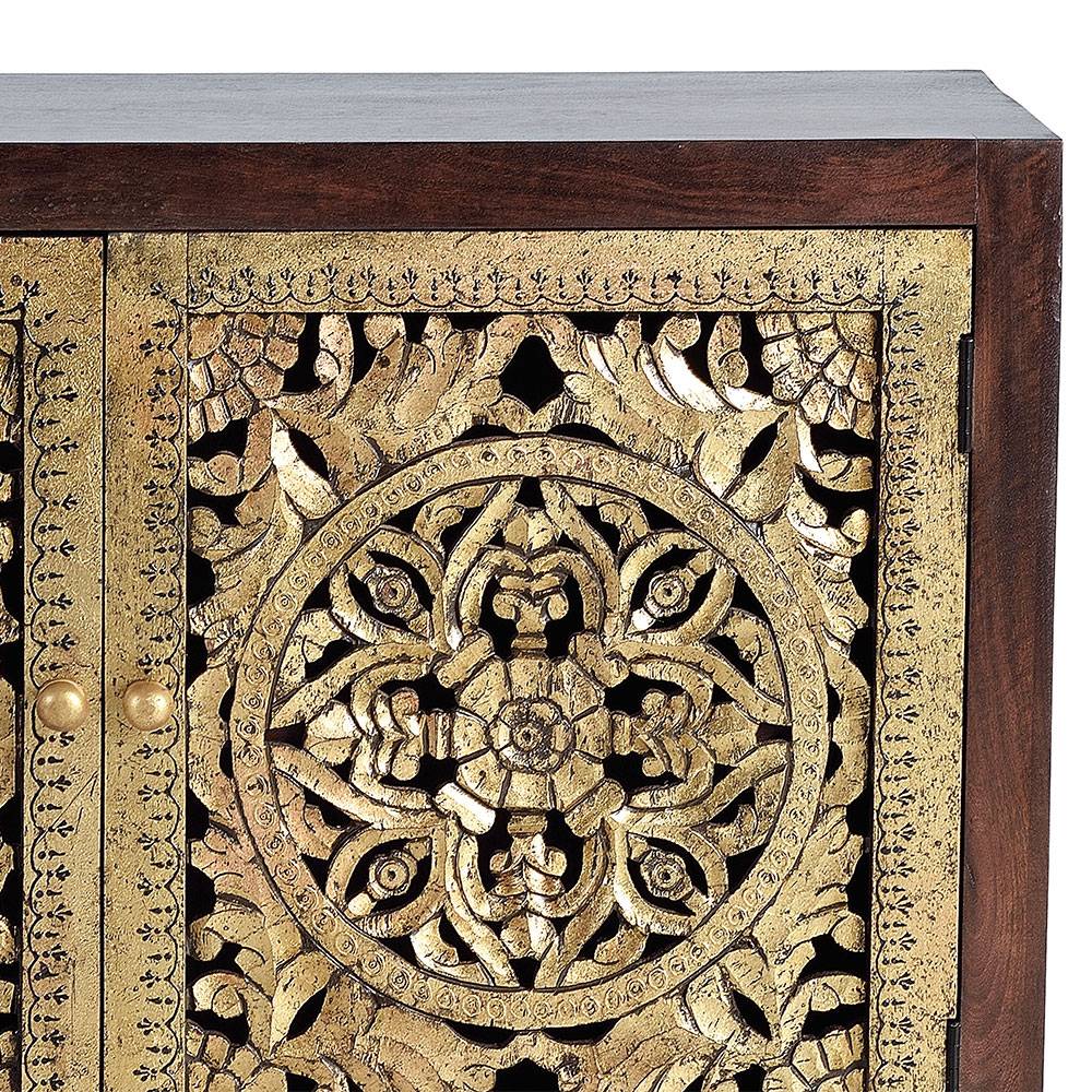 Kommode in Gold und Walnuss Braun - Roswito