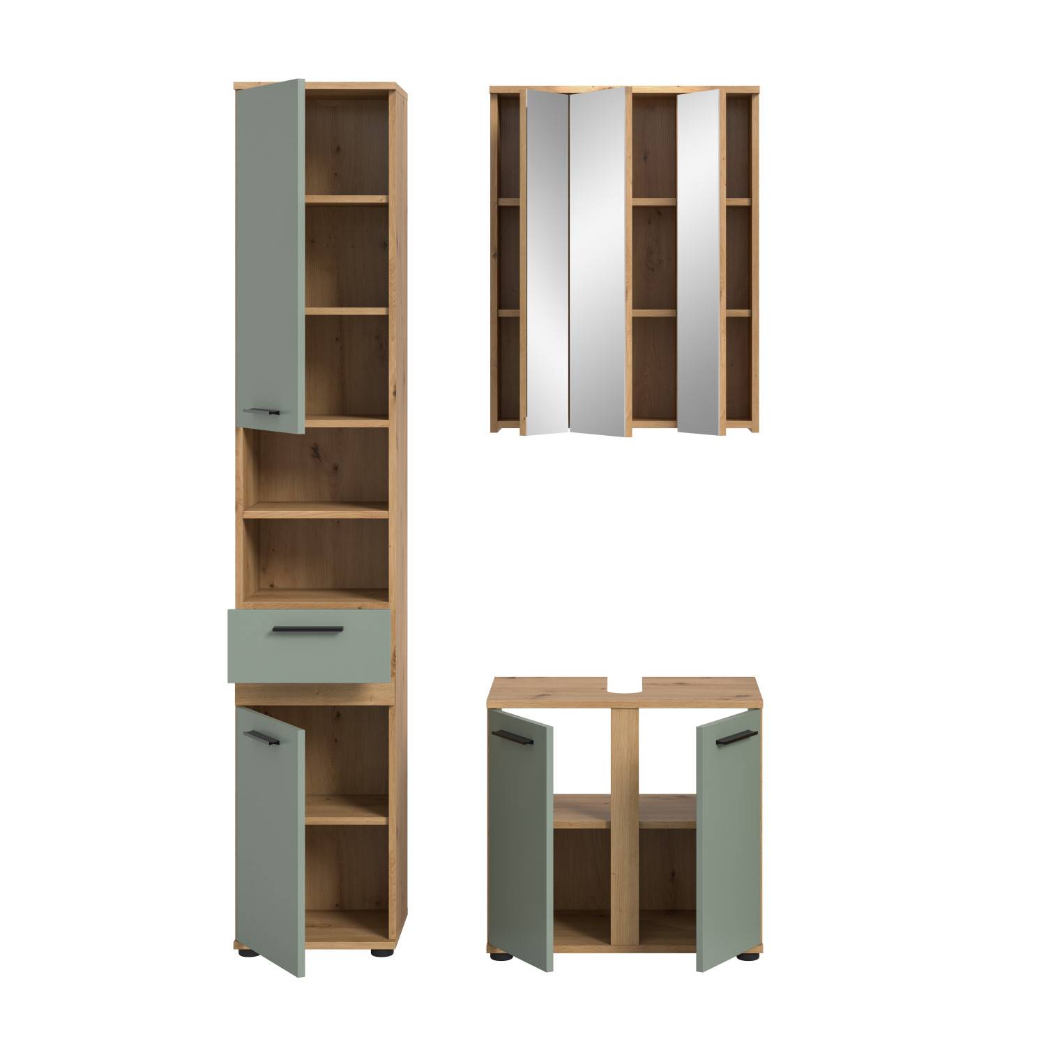 Dreiteiliges Badezimmerset mit Hochschrank, Spiegelschrank und Unterschrank in Salbei und Holzoptik – Luzanos