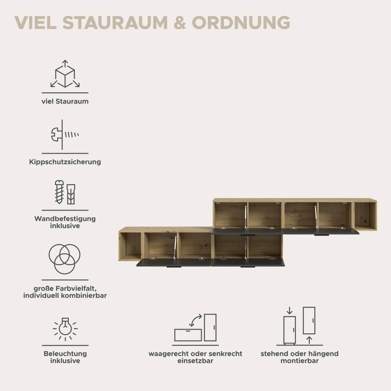 Modulare TV Wohnwand Elemente mit grifflosen Fronten in Holzoptik, flexibel montierbar und viel Stauraum – Estoron