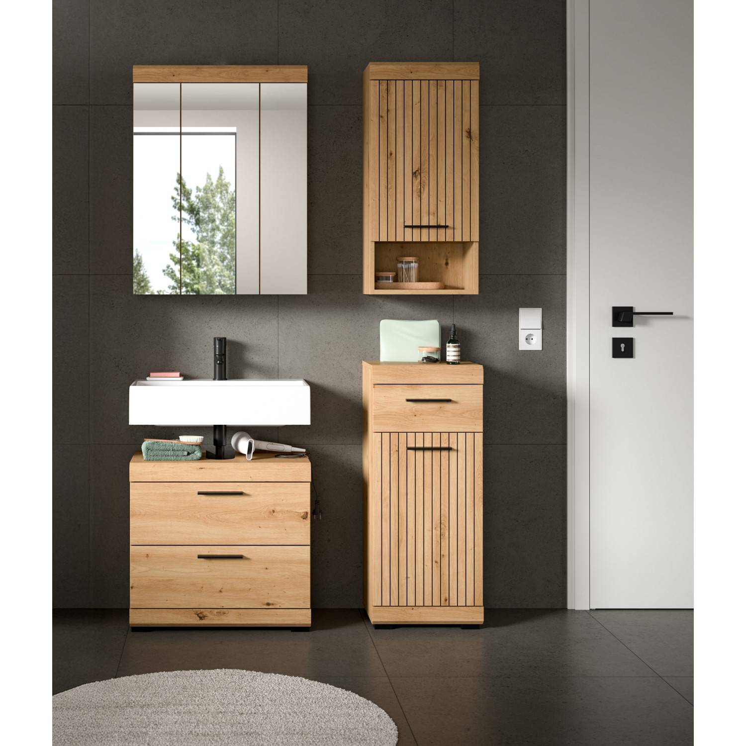 Modernes vierteiliges Badmöbel Set mit Waschtischunterschrank, Spiegelschrank und Beistellschrank – Lasewood