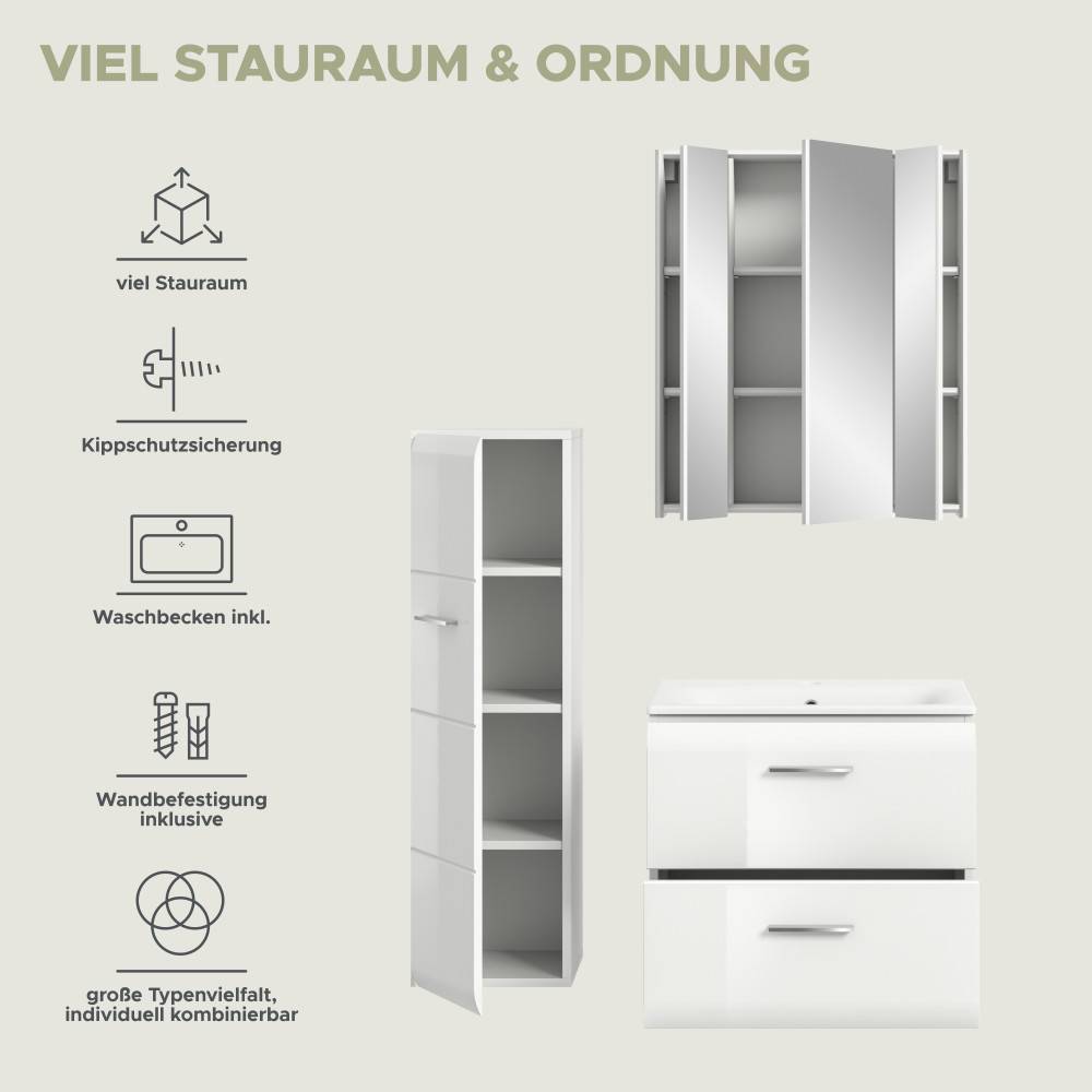 Weißes Badmöbel Set Clona III mit viel Stauraum, Kippschutz und Wandbefestigung – Clona