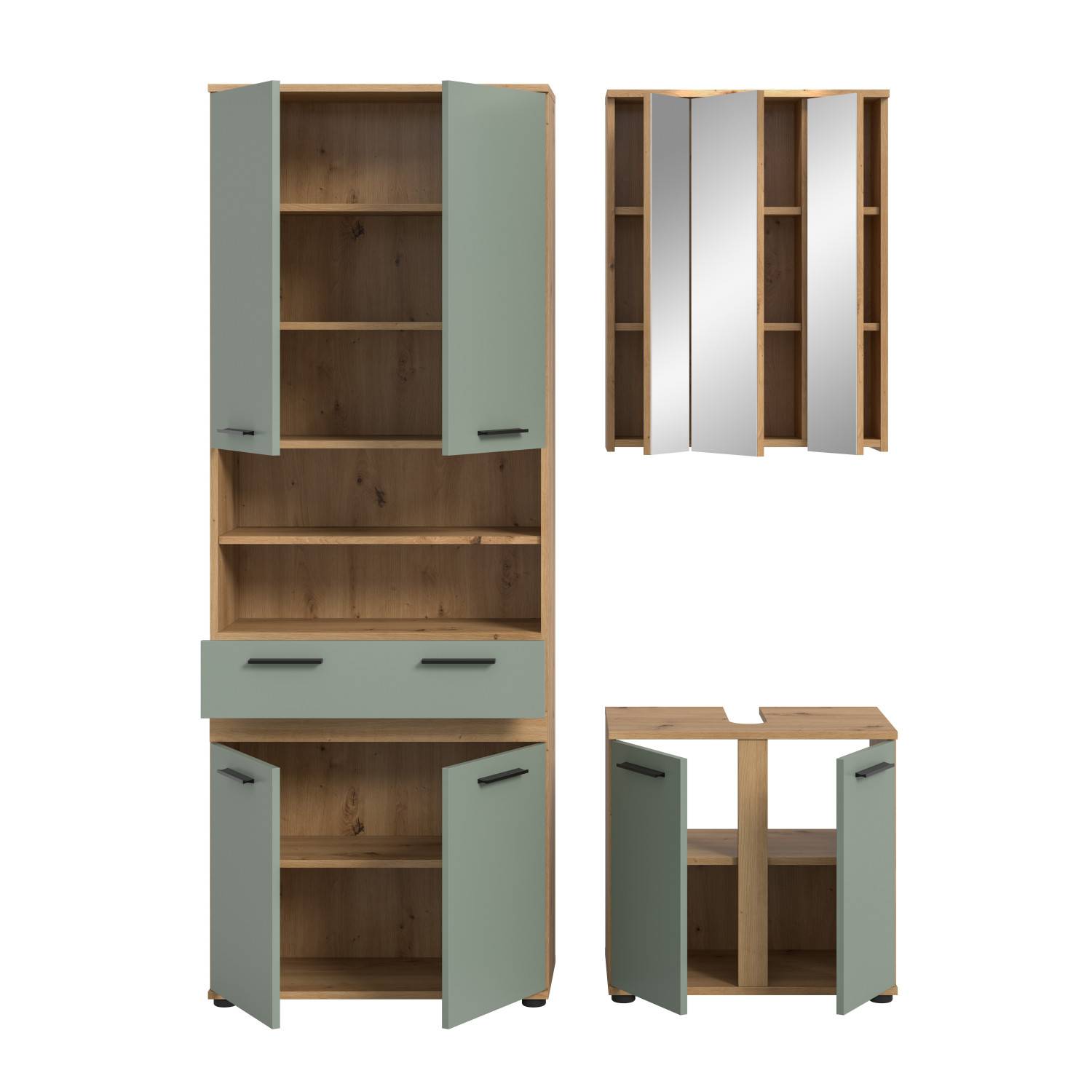 Badezimmerschrank Set offen mit Spiegelschrank und Waschtischunterschrank – Luzanos