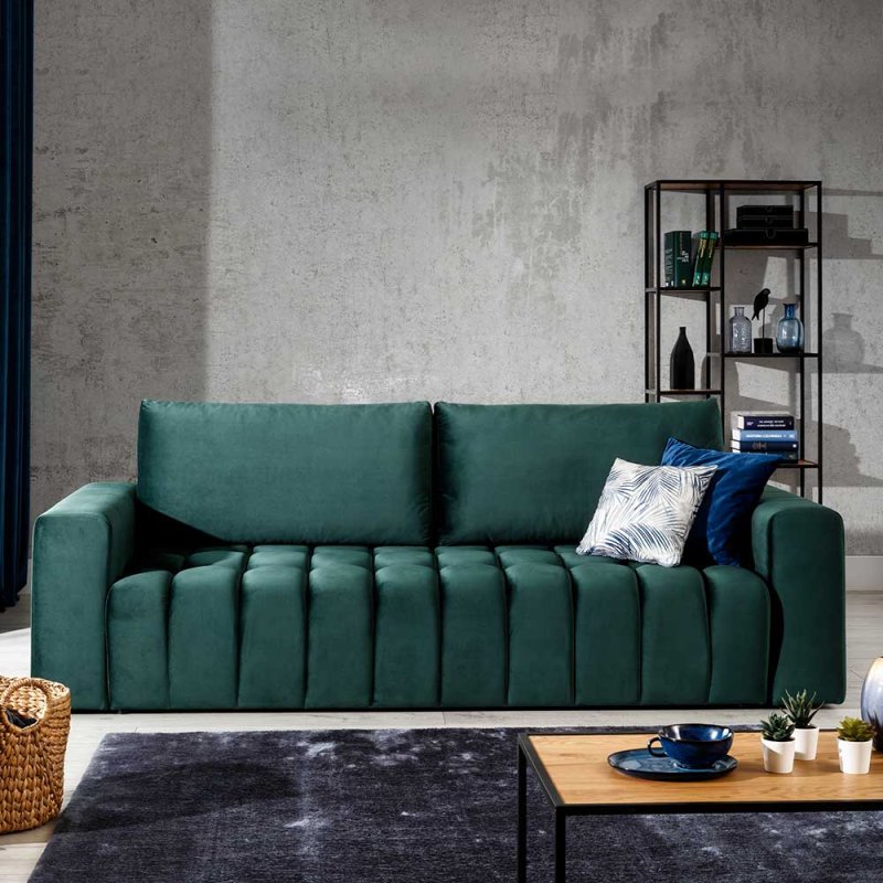 Ausklappbares Sofa in Grün Samt mit Bettkasten - Dreisitzer - Olenka
