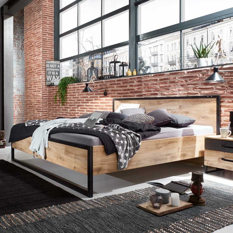 Industrial Doppelbett in Plankeneiche NB und Schwarzgrau - Bram