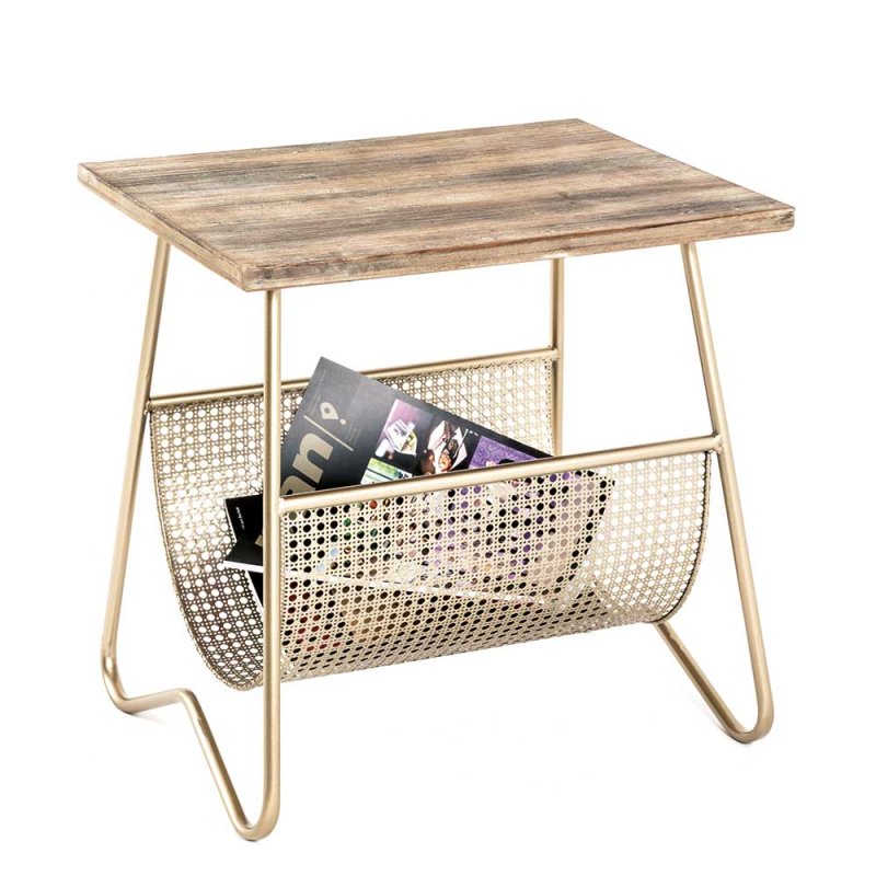 Beistelltisch mit Zeitungsablage aus Stahl in Gold mit Furner Platte