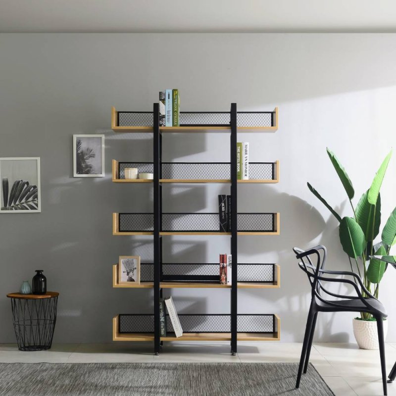 Design Regal mit fünf Böden in Schwarz und Holzoptik Natur - Gonya