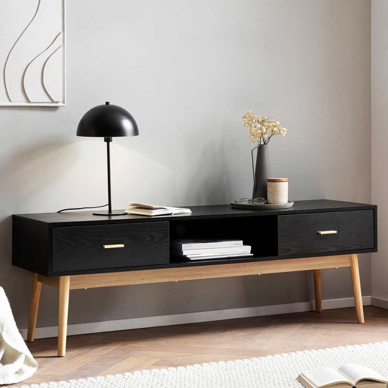 Holz Schwarz Wohnzimmer KOMHTOM TV-Schrank Kommode – 170x40x50 Cm, Schwarz & Holz, Mit 5 Fächern & Schublade – Für Wohnzimmer, Diele & Schlafzimmer