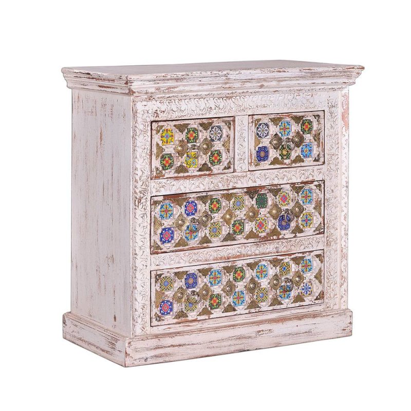 Shabby Chic Kommode in Antikweiß mit bunten Ornament Fliesen - Mirell